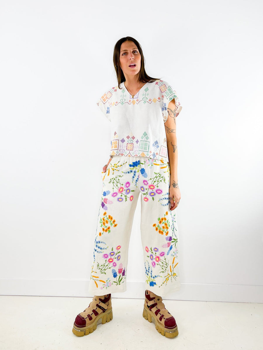 Liv Embroidered Linen Wide Leg Trousers