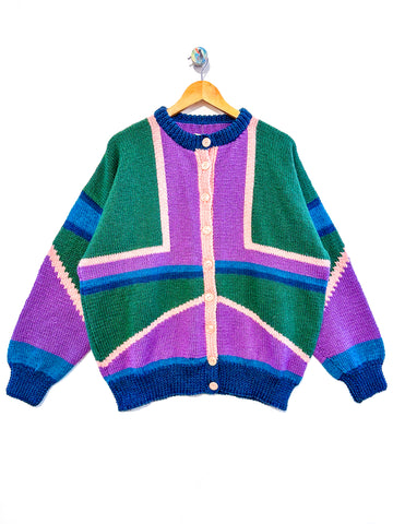 Vintage Purple and Green Colour block Cardigan