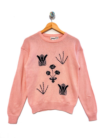 Vintage Pink Knitted Flower Jumper