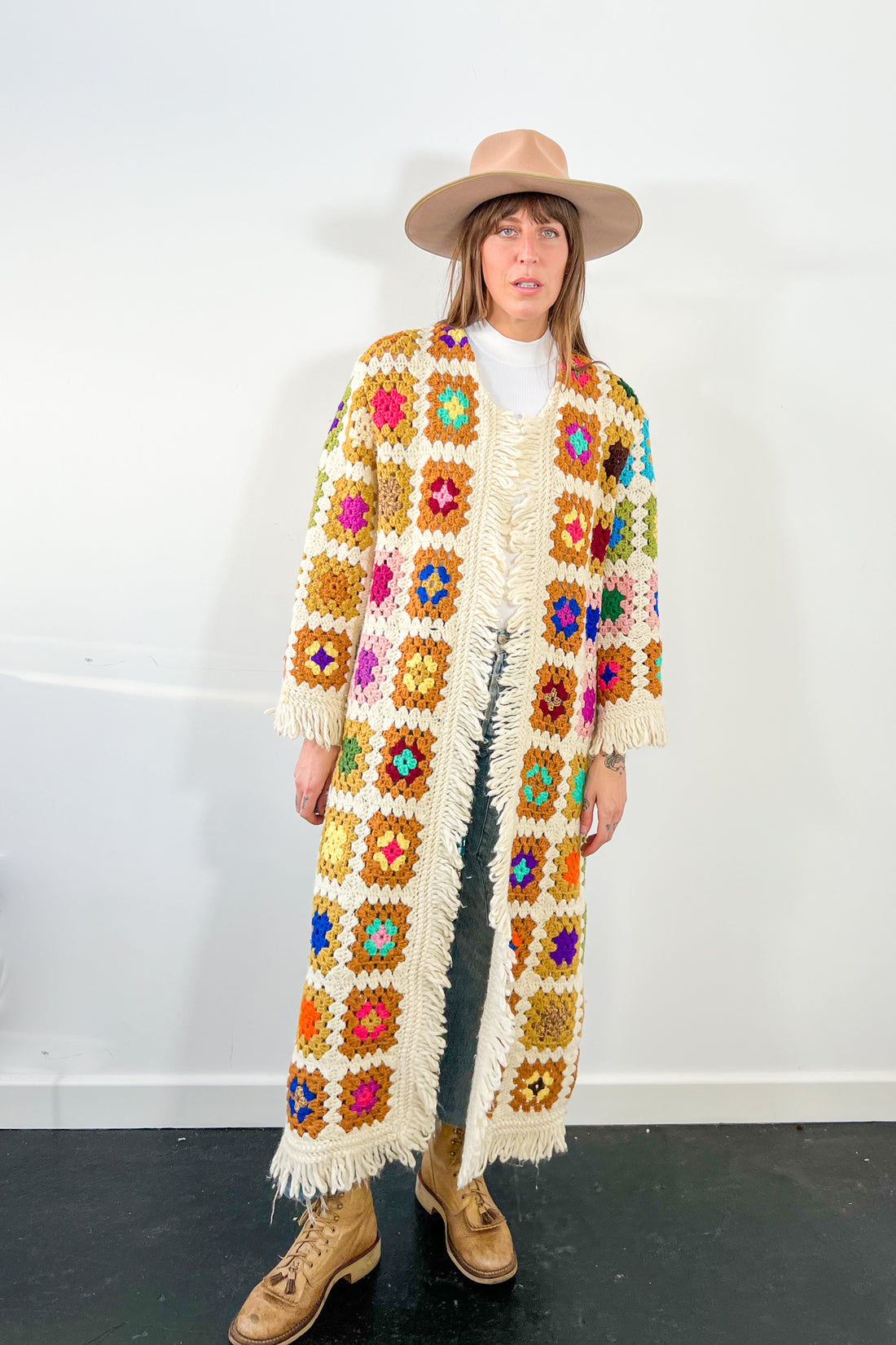 Edie Long Fringed Crochet Cardigan